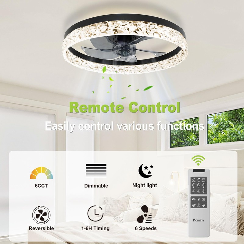 DAMINY 20" Black Modern Ceiling Fans with Lights and Remote,