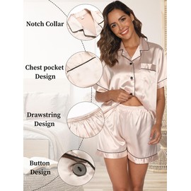 Reliwel Womens Satin Pajamas Set Soft Silk Pjs Women Set Short Sleeve Silk Pajamas Women 2 Pieces Button up Sleepwear Pj Sets Champagne