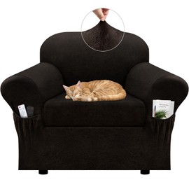 Pfrstuv Chair Slipcover with Armrest Pockets 2-Piece Set, Stretch Faux Leather Chair Cover for Armchairs(Fits 31-45") - Non-Slip, Machine Washable, Pet & Kid Friendly - Coffee