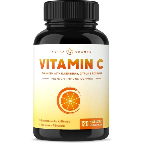Premium Vitamin C 1000mg with Elderberry, Citrus Bioflavonoids & Rose Hips - 120 Capsules Vegan, Non-GMO Antioxidant Supplement for Immune Health & Collagen Production 500mg Powder Pills