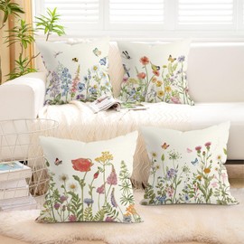 Joymaison Spring Summer Colorful Floral Throw Pillow Covers 18x18 Inch Set of 4 Garden Flowers Green Leaves Butterfly Cushion Covers Home Decor for Couch Cushion Cases