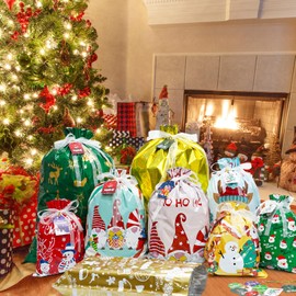 Christmas Drawstring Gift Bags, 32Pcs Xmas Wrapping Bags Large Medium Small for Presents with 32Pcs Tags for Birthday Holiday Party