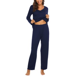 Ekouaer Women's Pajama Set Long Sleeve Pj Sets Two Piece Loungewear Soft Pajama Top and Pants Pjs Sleepwear Dark Blue