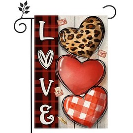Happy Valentines Day Garden Flag12 x 18 inch Double Sided Love Heart Burlap Flag Buffalo Check Plaid Flag for Yard Patio Anniversary Wedding Flag Decor -B