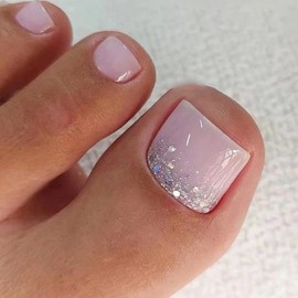 AkiliBIELY Pink Silver Press on Toenails for Women Classy Fantasy Bling Toe Nail Press ons Glitter Pretty Toe Press on Nails Acrylic Full Cover Sparkly Toe Nails Press on for Wedding Birthday