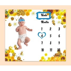 PHMOJEN Baby Monthly Milestone Blanket| Sunflower Bee Honeycomb Golden Honey Pot | Newborns 1 to 12 Months Unisex Include 4 Frames and 1 Headband 48"x40" BTQQPH118