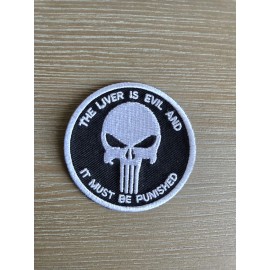 Unbranded PUNISHER SKULL "The Liver is Evil" SKELETON SWAT TACTICAL MORALE IRON ON PATCH