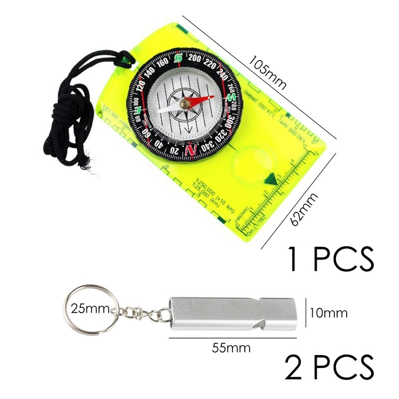 1 Piece Fluorescent Green Compass and 2 Pieces Silver Whistle