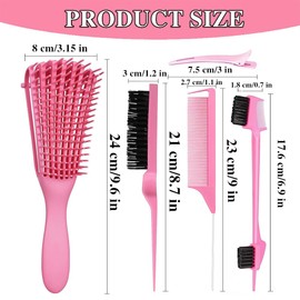 8Pcs Hair Brush Set,Hair Brush with Hair Styling Comb Set, Detangling Hair Brushes for Women Men Kids Curly Hair,with 4 Duckbill Clips (Pink)