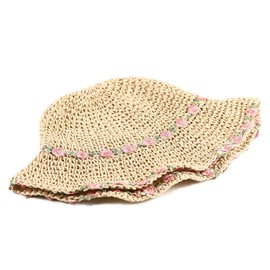 Womens Straw Bucket Hat for Women Handmade Floral Foldable Floppy Beach Hat Travel Straw Hat (Beige1)