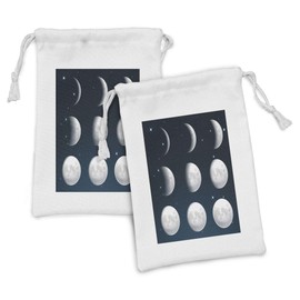 Ambesonne Moon Phases Fabric Pouch Set of 2, Astrological Cosmic Design of Process Silhouettes in the Night Sky, Small Drawstring Bag for Toiletries Masks and Favors, 9" x 6", Petrol Blue Pale Grey