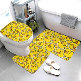 Jbofyee Cute Rubber Ducks 3 Piece Bathroom Rugs Set, Bath Mat + Contour Mat + Toilet Seat Cover, Non-Slip Soft Microfiber Yellow Cartoon Ducky Bathmat for Tub Shower Room Decor, Machine Washable