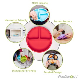WeeSprout Suction Plates for Babies & Toddlers - 100% Silicone, Dinnerware Stays Put, Divided Design for Picky Eaters, Microwave & Dishwasher Friendly, 3 Pack