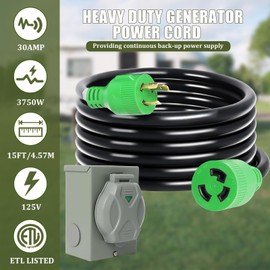Wadoy 30 Amp Generator Cord 15Ft with 30 Amp Generator Power Inlet Box, Generator Power Extension Cord 3 Prong NEMA L5-30P to L5-30R 125V, 3750W Generator Power Inlet Organizer Combo Kit ETL Listed