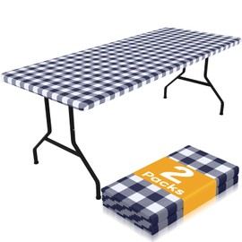 Smiry Picnic Table Cloth 2 Pack, Waterproof Elastic Fitted Tablecloths for 6FT Rectangle Tables, Washable Polyester Buffalo Plaid Tablecloth for Camping, Dining & Outdoor (Navy & White, 30" x 72")