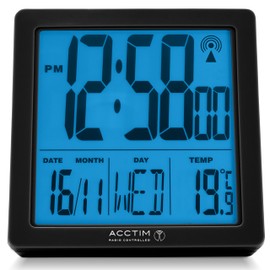 Acctim Varsity Digital Alarm Clock Radio Controlled Crescendo Alarm Date & Temperature Display (Black)
