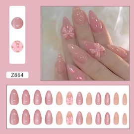 Pink Press on Nails Almond Long Fake Nails Pink Bow Nail Rhinestones Design Reusable Glue on Nails Full Cover French Tip False Nails Stick on Nails for Women and Girls Nail Art 24Pcs
