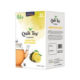 QuikTea Green Tea with Lemon Flavored Tea Bags - 60 Count - All Natural, Preservative Free - Lemon Flavored Green Teabags from Assam