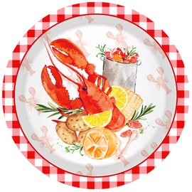 24pcs 9 inches Lobster Themed Disposable Paper Plates – Vibrant Seafood Design with Red & White Checkered Border, Perfect for Summer Barbecues,Beach Parties,Family Gatherings,Seafood Feasts, Birthday