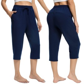 CULAYII Capris with Pocket for Women ，Lightweight Solid Soft Stretch Drawstring Waist Comfy Pants for Women Blue XL