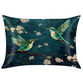 Satin Silk Pillowcase for Hair and Skin Painting Flower Bird Pillow Cases Standard Size Turquoise Soft Silk Pillow Case with Hidden Zipper Print Satin Cooling Pillow Covers (20x26 in) 1 Pack