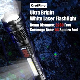CretFine LED High Lumens Flashlight Rechargeable with Side COB Lights Tactical Super Bright Flashlights Waterproof, 7 Modes 1000LM 2000mAh, Zoomable Handheld Flash Light for Camping, Emergency, Gift