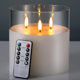 Retisee 6'' x 6'' Extra Large Flameless Candles, 3 Wick Glass Large Battery Operated Candles with Remote Control and Timer Function, Real Wax LED Large Pillar Candles Flickering for Home Party Decor