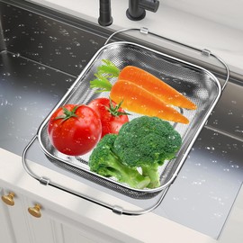 SpisoHdx Stainless Steel Over-the-Sink Colander - Expandable Dishwasher Safe Strainer Basket Veggies, Fruits & Pasta, Heavy-Duty Fine Mesh Drainer 2.2"H X 9.5"W X（13.4"L-17.4"L Adjustable)