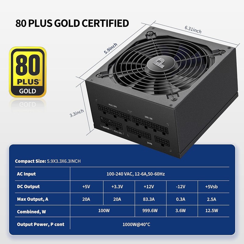 Pystar 1000W Power Supply 80+ Gold Full Modular PSU, ATX