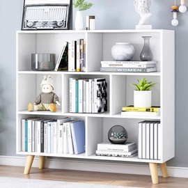 IOTXY Wooden Open Shelf Bookcase - 3-Tier Floorstanding Display Cabinet Rack with Legs, 7 Cubes Free Standing Bookshelf, Warm White