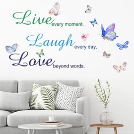 Colorful Live Laugh Love Art Quotes Wall Decals, Motivational Vinyl Sayings Words with Butterfly Wall Stickers, Removable DIY Wall Decor Sign Mural for Bedroom, Living Room, Home Decoration