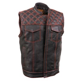 Milwaukee Leather MLM3526 Men's Black 'Paisley' Accented Red Stitching Leather Vest – w/Armhole Trim Open Collar Design - Medium