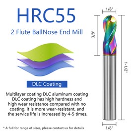 AYCHOLIZ 1/8" Solid Carbide Ball Nose End Mill 2Flute DLC Coated HRC55 CNC Milling Cutter Bits for Copper & Aluminum Alloys