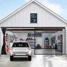 Sliding Garage Door Screen 16x7FT for 2 Car Garage Doors, Magnetic Garage Screen with Track Closure, Heavy-Duty New 275g/㎡ Mesh, Retractable Garage Door Screen for Patio, Outdoor, Gym