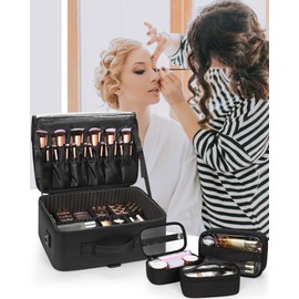 Relavel Large Makeup Bag with 3 Removable Pouches, Travel Train Case Cosmetic Organizer Carrying Box for Makeup Artists Hairstylist with Adjustable Dividers, Brush Holder and Shoulder Strap, Black