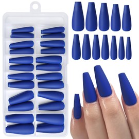 AddFavor 120pcs Royal Blue Press on Nails Long Coffin Fake Nails with Glue & Adhesive Tabs, Full Cover Matte Acrylic Nails Press ons for Women Girls