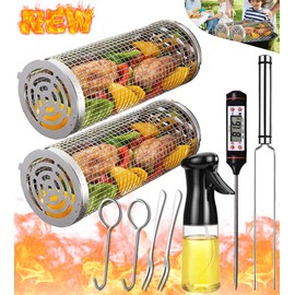 Rolling Grilling Baskets for Outdoor Grill Bbq Net Tube Round Mesh Barbecue Wire Cylinder Cage Picnic Must Haves Charbroil Yakitori Camping Campfire Cooking Basket Gear for Veggies Vegetable Fish Meat