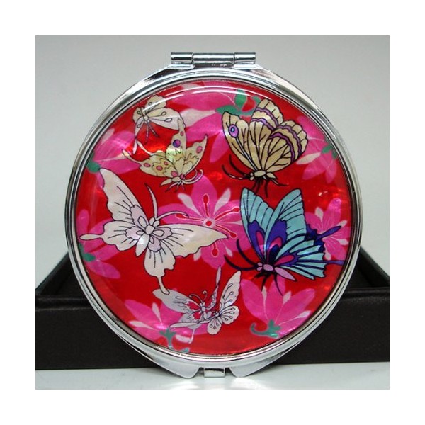 Pocket Compact Mirror with Magnifying Mirror, Mother of Pearl Butterfly and Pink Flower Hairband Photography Prop Band (Red)