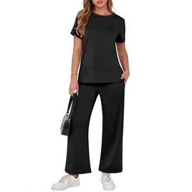 ANRABESS Women 2 Piece Outfits Summer Short Sleeve Wide Leg Tracksuits Casual Matching Lounge Sets Sweatsuits Travel Clothes Black Large
