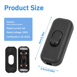 Cable Switch, Pack of 2 Inline Switch, Intermediate Switch, 6 A 250 V, Torpedo Switch, 2-Core and 3-Core Leads, for All Types of Electric Lamps, Table Lamps - Black