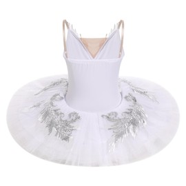 IBAKOM Ballet Swan Lake Costume for Women Sparkly Sequins Professional Ballerina Platter Tutu White Camisole Leotard Dance Pancake Skirt Adult Ballet Dance Swan Outfits White Sequins M