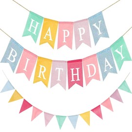 2 PCS Happy Birthday Bunting Banner Fabric Reusable Colorful Bunting for Party Classroom Decor Indoor Outdoor Use for Home Garden Birthday Party Decorations with Adjustable Flags Celebrations (Linen)