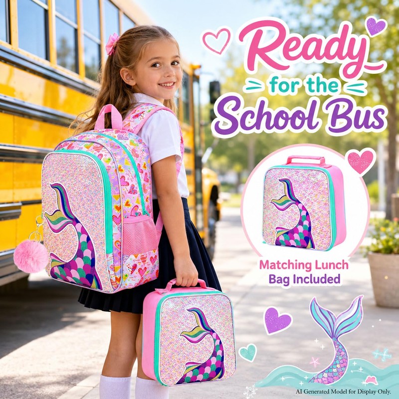 CCJPX 16" Mermaid Backpack for Girls, 3Pcs Kids Sequin Bookbag