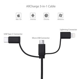 BoxWave Cable Compatible with Mobile Pixels Duex Plus - AllCharge 3-in-1 Cable - Jet Black