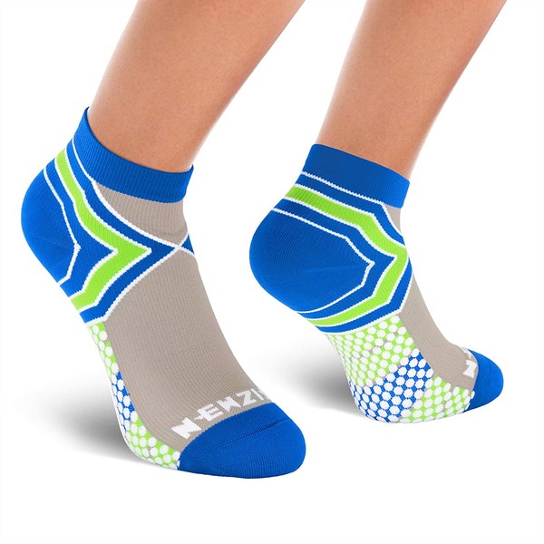 NEWZILL Low-Cut Compression Socks Unisex Running Socks With Embedded Frequency Technology For Heel, Ankle & Arch Support, Improves Stamina Endurance & Balance (Small, Royal Blue/Neon Green)
