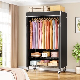 ULIFHOME P6C Rolling Clothes Rack with Cover, Covered Clothing Racks Heavy Duty, Portable Closet for Hanging Clothes, Garment Racks on Wheels, Black Closet Rack with Black Cover, Max Load 365LBS