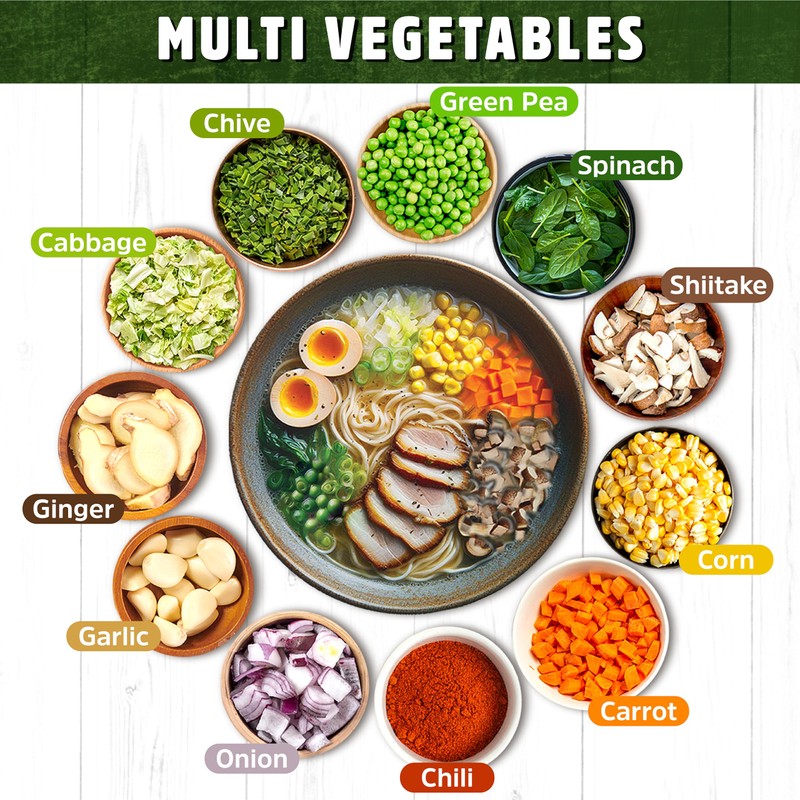 Dried ramen toppings. Dehydrated vegetables for ramen topper include Cabbage,