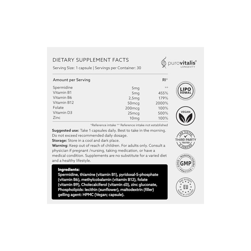 PUROVITALIS Liposomal Spermidine 5mg, Zinc, Vitamin D3 & B12, 30