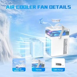 Portable Air Conditioners, 4-IN-1 Evaporative Air Cooler with App Control, 800ml Water Tank, Rechargeable Mini Air Conditioner, 3 Speeds & 3 Mist, Colorful Night Light Cooling Fan [White-2]