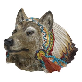 Ebros Gift Wildlife Animal Spirit Rustic Gray Alpha Wolf with Colorful Indian Chief Headdress Piggy Coin Money Bank Jar Figurine
